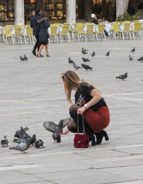 Venice, İtalya - Mart 2018 yaklaşık: tanımlanamayan Piazza San Marco (San Marco Meydanı anlamına gelir güvercinlerin şık genç kadınla)