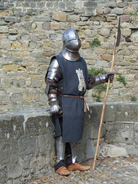 CARCASSONNE, FRANCE - CIRCA AUGUST 2018: Medieval knight dressed in armour