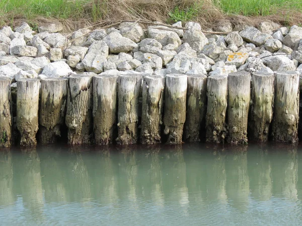 端の海岸を保護するために運河に沿って木の杭 土のすり切れることから — ストック写真