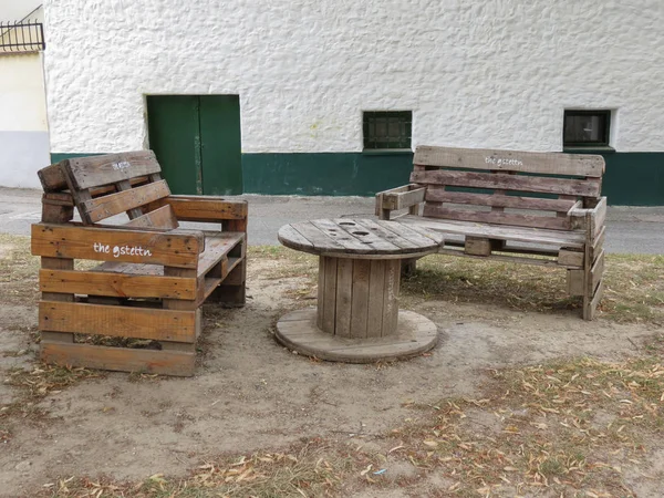 Poysdorf Austria Circa June 2018 Industrial Hipster Table Benches — Stock Photo, Image