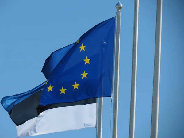 Bandeira Europa Bandeira Estónia Sobre Céu Azul — Fotografia de Stock