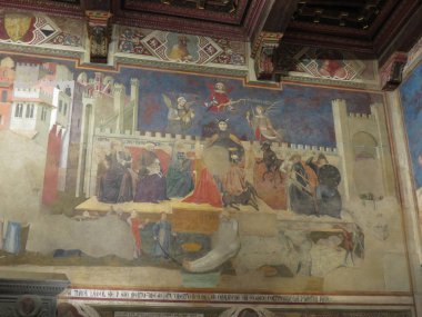 Siena, İtalya - yaklaşık Aralık 2014: Ambrogio Lorenzetti'yi 1285-1348, alegori iyi hükümet: iyi hükümet şehir hayatı, 1338 1340 üzerinde etkileri,