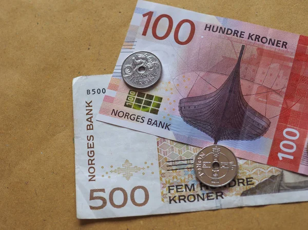 Noorse Kroon Bankbiljetten Munten Nok Munteenheid Van Noorwegen — Stockfoto