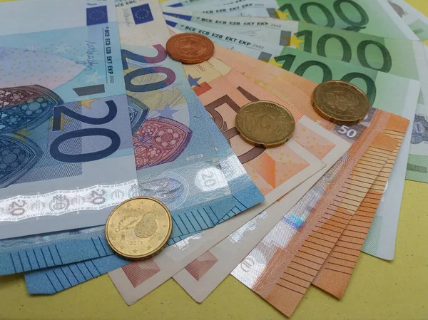 Banknoty Monety Euro Eur Waluta Unii Europejskiej — Zdjęcie stockowe