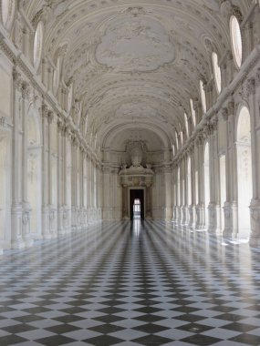 Venaria, İtalya - yaklaşık Ağustos 2018: Reggia di Venaria Kalesi'nde Galleria grande (aka Galleria di Diana ya da Diana'nın Galeri)