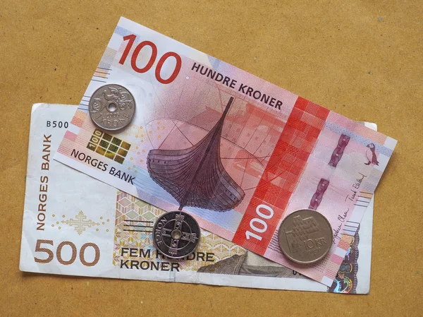Corona Noruega Billetes Monedas Nok Moneda Noruega — Foto de Stock