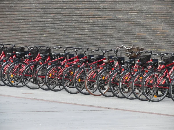 Koppenhága Dánia Augusztus 2017 Egy Sor Ból Piros Kerékpárok Bérelhetők — Stock Fotó
