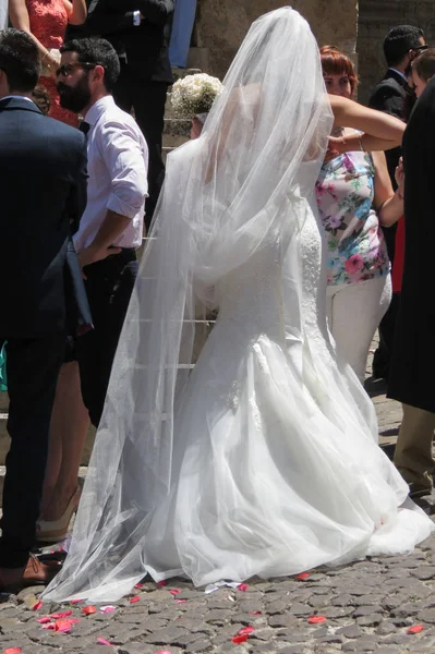 Noiva, noivo e convidados de casamento em frente à igreja Se Velha — Fotografia de Stock