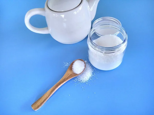 Zucchero Bianco Sfondo Blu — Foto Stock