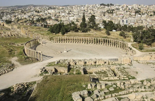 Vue Sur Oval Plaza Ancienne Ville Romaine Gerasa Antiquité Jerash — Photo