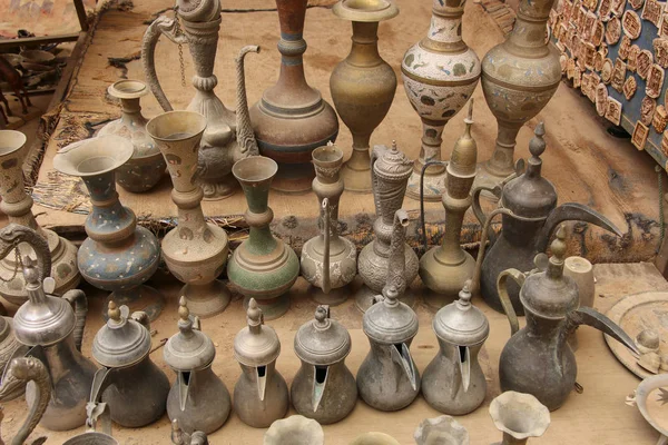 Old Metal Bedouin Coffee Pots Jugs Water One Markets Petra — Stock Photo, Image