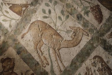 Eski kasr Amra,Amman yakınlarındaki çöl kalesinde Roma duvar dekorasyonunun bir parçası, Ürdün. 