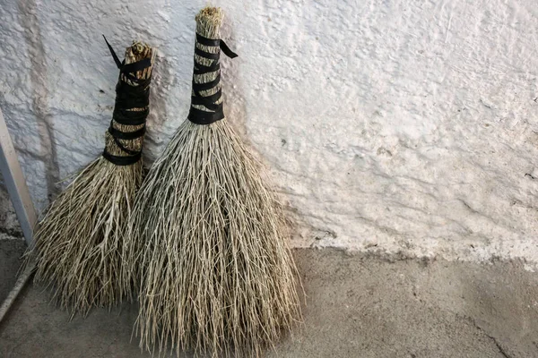 Natural Handmade Brooms White Plain Wall — Stock Photo, Image
