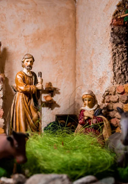 Miniaturen Van Heilige Familie Kerstmis Manger Betreffende Geschiedenis Het Herscheppen — Stockfoto