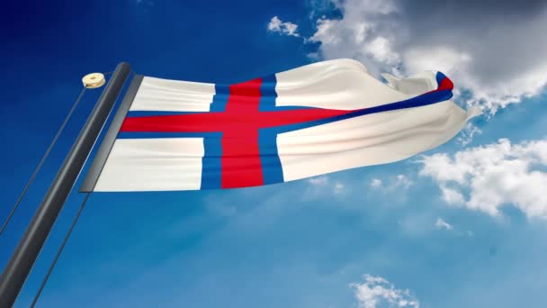 Naturlig Viftande Flagga Med Blå Himmel Bakgrund Färöarna — Stockvideo