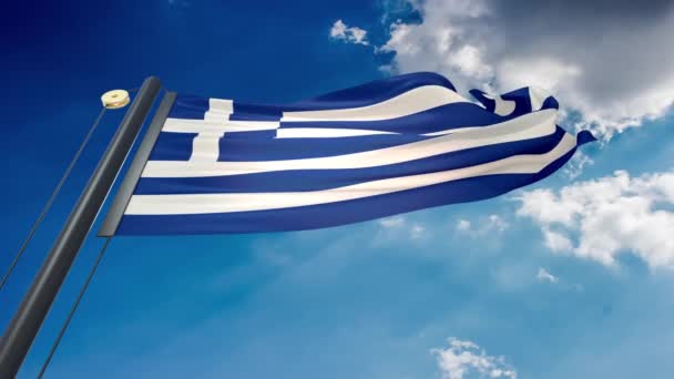 Μια Φυσική Κυματιστή Σημαία Φόντο Τον Γαλάζιο Ουρανό Της Ελλάδας — Αρχείο Βίντεο