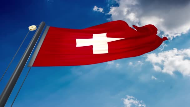 Μια Φυσική Κυματιστή Σημαία Φόντο Τον Γαλάζιο Ουρανό Της Ελβετίας — Αρχείο Βίντεο