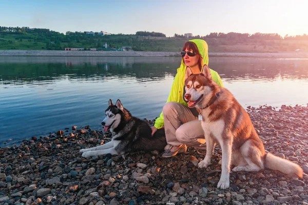 Ragazza in occhiali da sole e giacca a vento gialla con cani husky sulla riva del fiume sotto i raggi del sole serale. Ritratto amante con cani . — Foto Stock