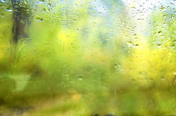 Regentropfen auf ein Fenster. Herbstgelber Wald im Hintergrund verschwimmt. Herbstliche Regenlandschaft. — Stockfoto