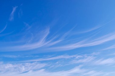 Blue sky with white cirrus clouds sunny panorama. clipart