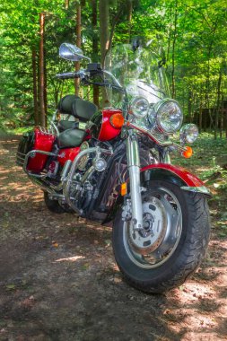 Moskova bölgesi, 30 Haziran 2020 Kırmızı Yol Bisikleti. Güneşli ormanda motosiklet kruvazörü. Seçici odaklanma. Kawasaki Vulcan