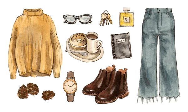 Hand Tekenen Aquarel Schets Outfit Illustratie Van Mode Verzameling Van — Stockfoto