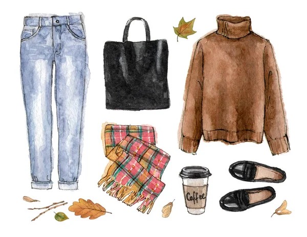 Watercolor Sketch Casual Autumn Outfit Hand Painting Fashion Illustration Set — Stock Photo, Image