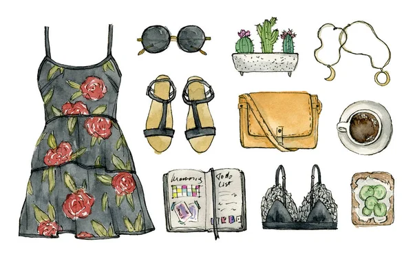 Akvarell Mode Skiss Sommaren Kvinna Outfit Kläder Och Accessoarer Isolerade — Stockfoto