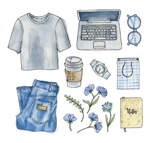 watercolor fashion sketch. casual woman outfit, clothes and accessories. isolated elements.