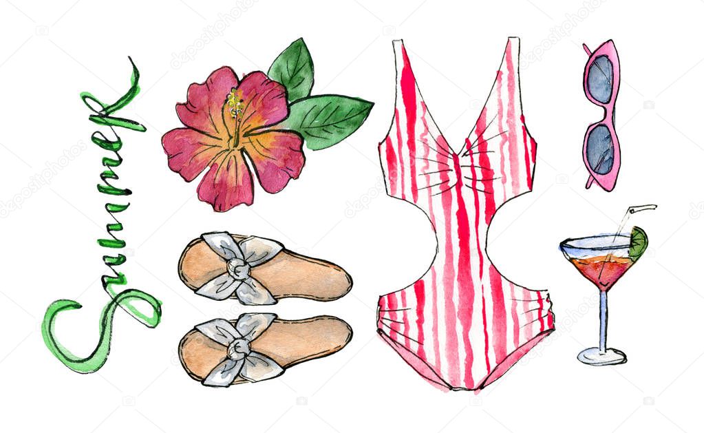 hand painting watercolor illustration. beach party outfit, swimwear, sunglasses and cocktail. isolated elements.