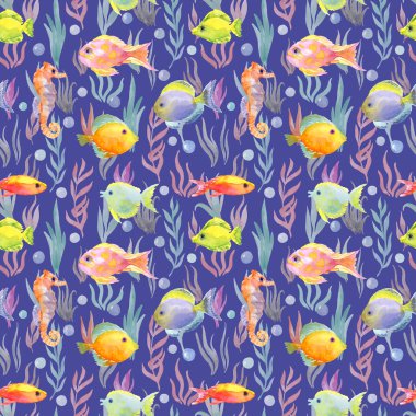 okyanus sulu boya resimde çok renkli hayvanların. balıklar, deniz atı ve deniz yosunu. el desen mavi zemin üzerine boyalı