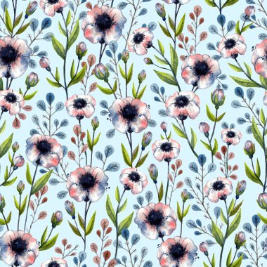 suluboya otlar ve çiçek çayır. mavi arka plan ile Seamless Modeli