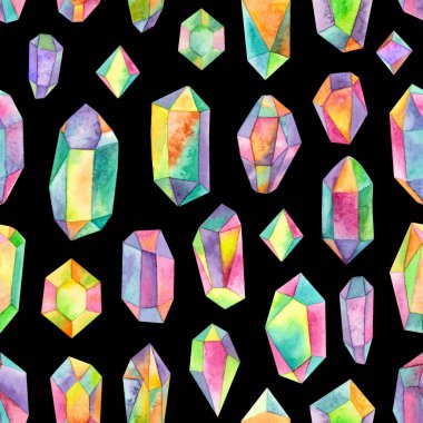 sulu boya gökkuşağı yanardöner gemstones.seamless desen siyah bir zemin üzerine