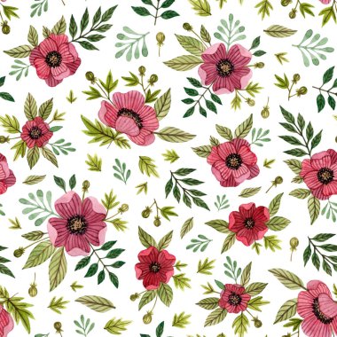 Kırmızı çiçek ve yaprak suluboya el boyalı. Poppies, anemon çiçek. Beyaz bir arka plan üzerinde seamless modeli