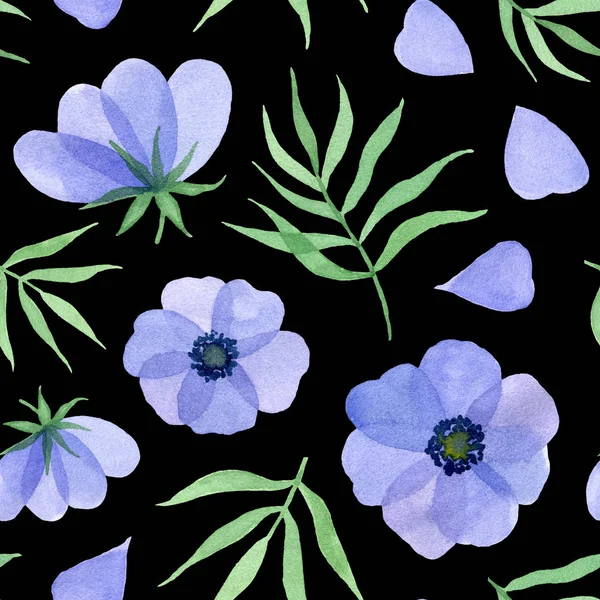 青い花 花びらや葉 水彩の手には イラストが苦し 黒い背景にシームレス パターン — ストック写真