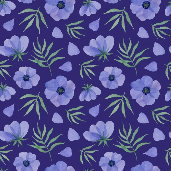 青い花 花びらや葉 水彩の手には イラストが苦し 紫色の背景にシームレス パターン — ストック写真