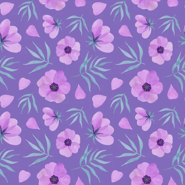 ピンクの花 花びら 水彩の手には イラストが苦し 薄紫色の背景にシームレス パターン — ストック写真