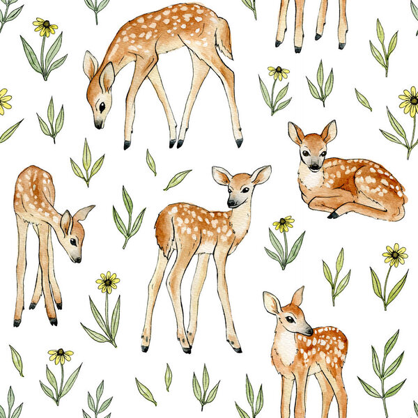 watercolor hand painted cute deer with wild flowers. seamless pattern on a white backdrop.