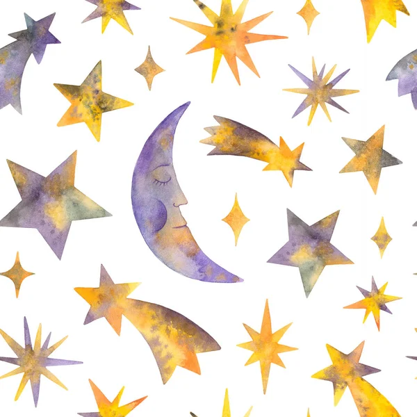 watercolor moon, comet, stars and celestial bodies. seamless pattern on a white background