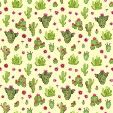 suluboya el kaktüs boyalı. uçuk sarı arka plana üzerinde seamless modeli