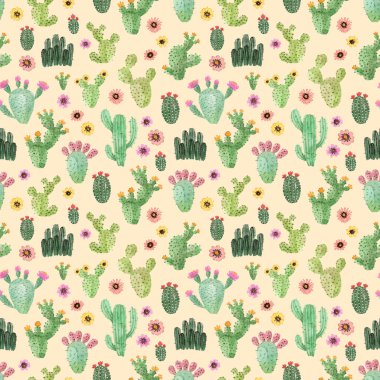 suluboya el kaktüs boyalı. bej renkli arka plan üzerinde seamless modeli