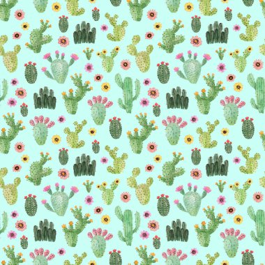 suluboya el kaktüs boyalı. Nane arka plan üzerinde seamless modeli