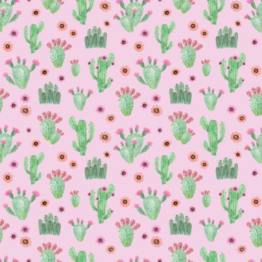 suluboya el kaktüs boyalı. pembe bir arka plan üzerinde seamless modeli