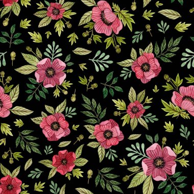 Kırmızı çiçek ve yaprak suluboya el boyalı. Poppies, anemon çiçek. siyah bir zemin üzerine Dikişsiz desen