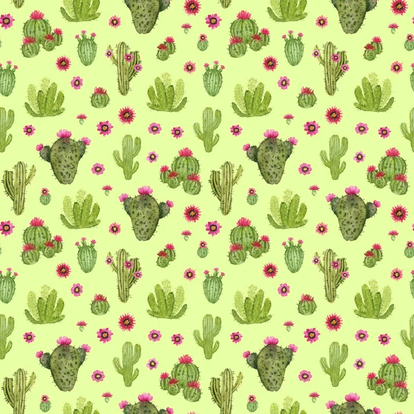 Akvarell Kézzel Festett Kaktusz Zökkenőmentes Minta Egy Zöld Háttér — Stock Fotó