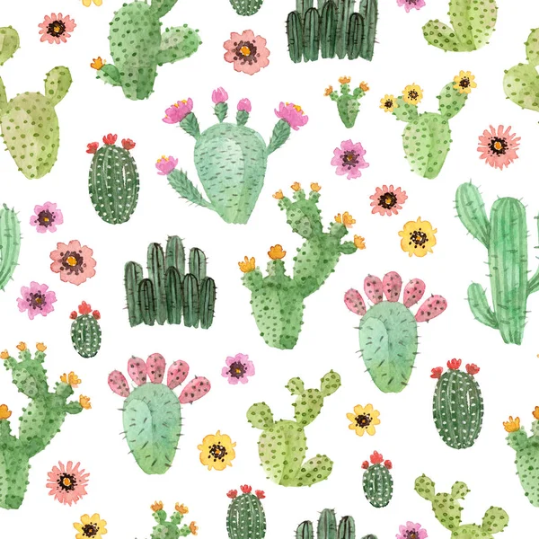 Aquarel Cactus Handgeschilderde Naadloze Patroon Een Witte Achtergrond — Stockfoto