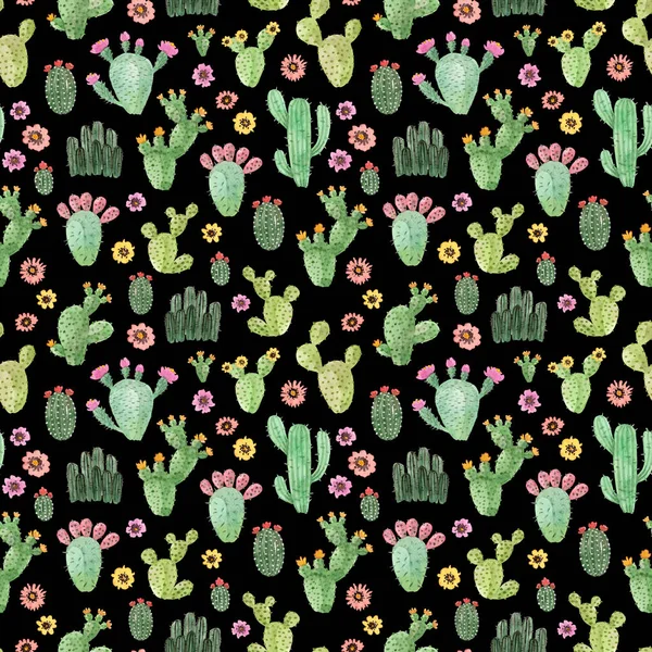 Acuarela Pintada Mano Cactus Patrón Sin Costuras Sobre Fondo Negro —  Fotos de Stock