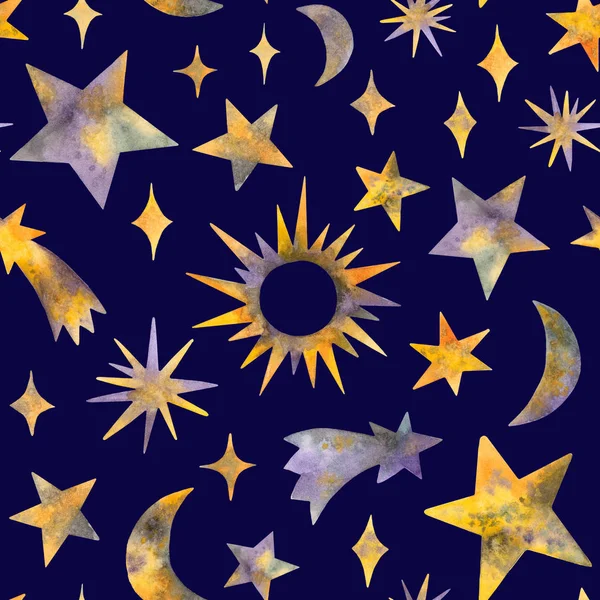 Aquarellsterne Und Himmelskörper Nahtloses Muster Auf Dunkelblauem Hintergrund — Stockfoto