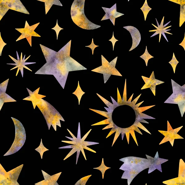 Watercolor Stars Celestial Bodies Seamless Pattern Black Background — Stock Photo, Image