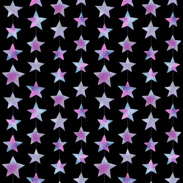 Aquarell Violette Sternengirlanden Nahtloses Muster Auf Schwarzem Hintergrund — Stockfoto